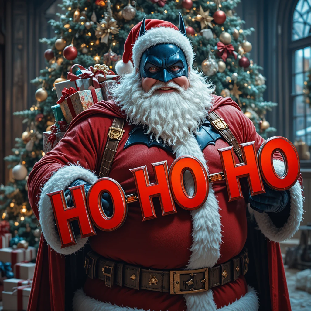 Fröhlicher Superheld im Santa-Anzug neben einem Weihnachtsbaum