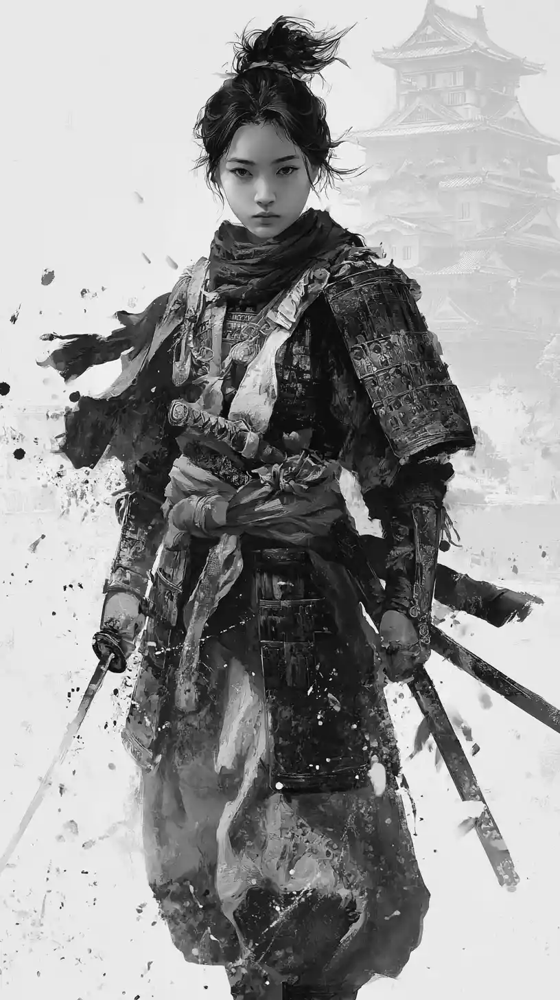 Monochrome portrait of a calm female samurai warrior