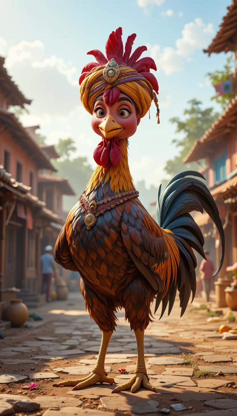 Proud rooster leader in a colorful Indian village morning