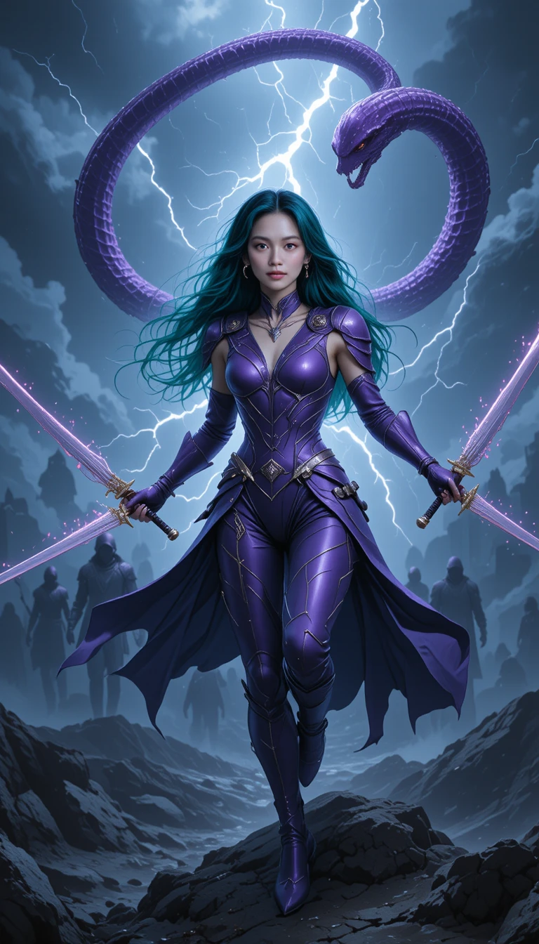 Fierce green haired warrior leaping through stormy lightning sky