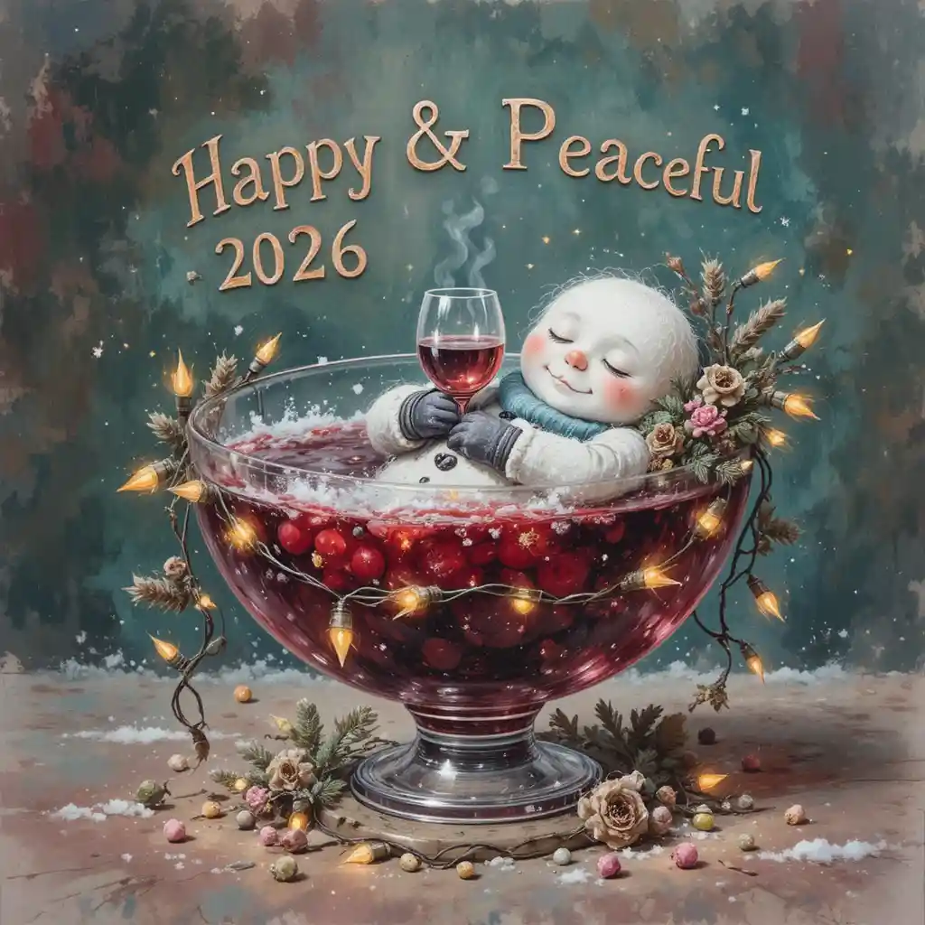 Drunk snowman sleeping in a wine bowl with garland lights