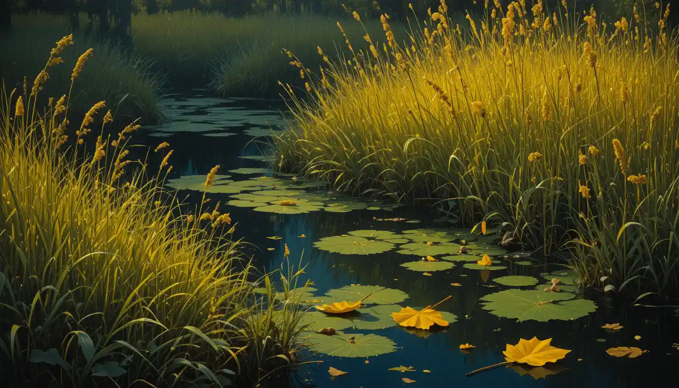 Moonlit marsh grass and reeds glowing above dark water