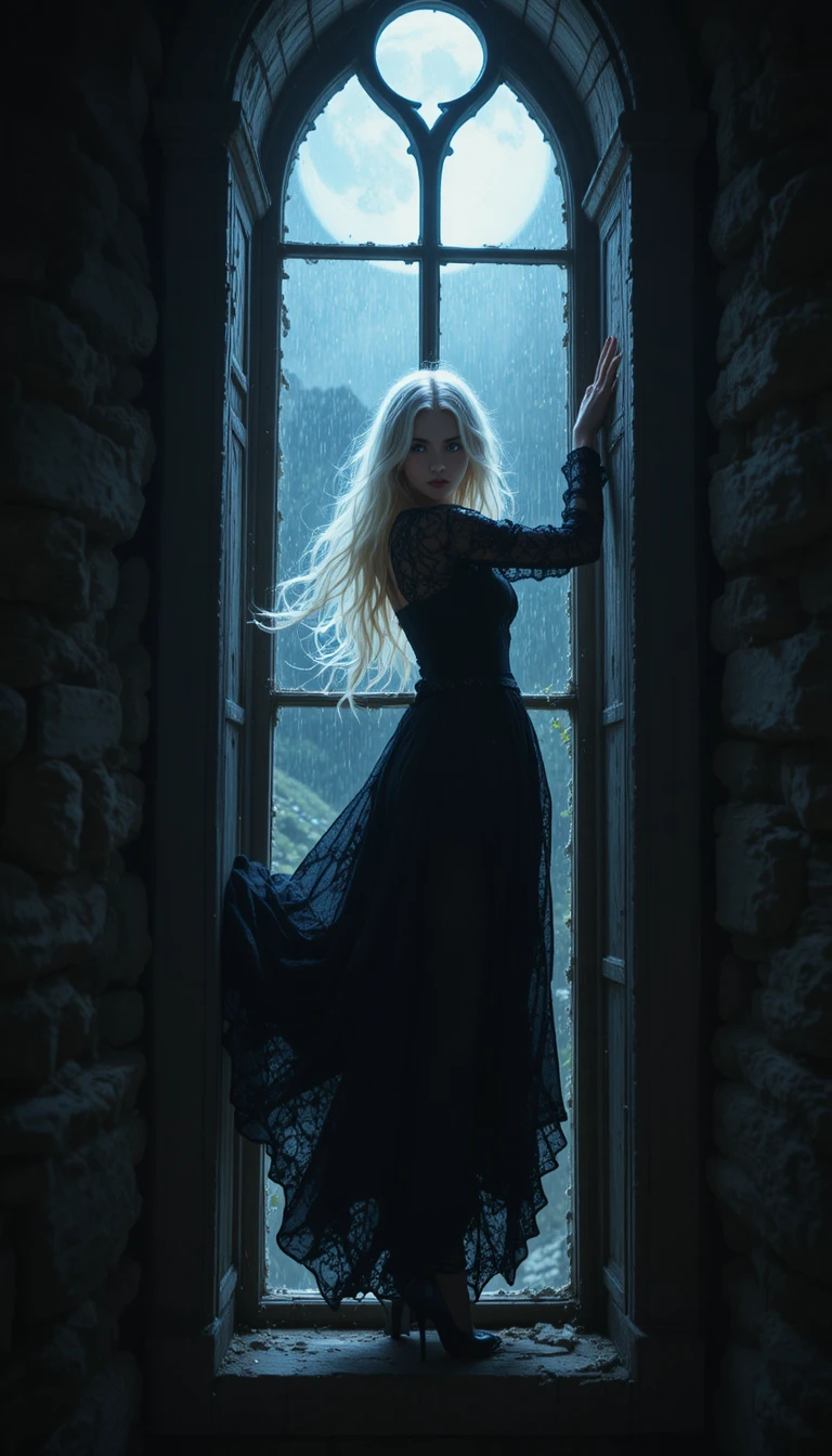 Gothic princess climbing through a moonlit castle window