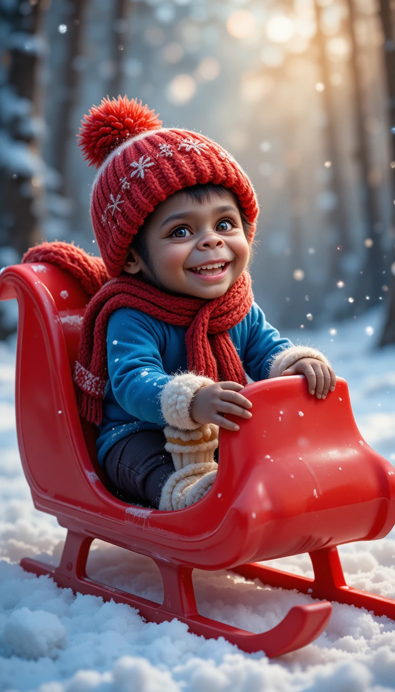 Baby-Gorilla und Kind auf einem roten Schlitten im Schnee