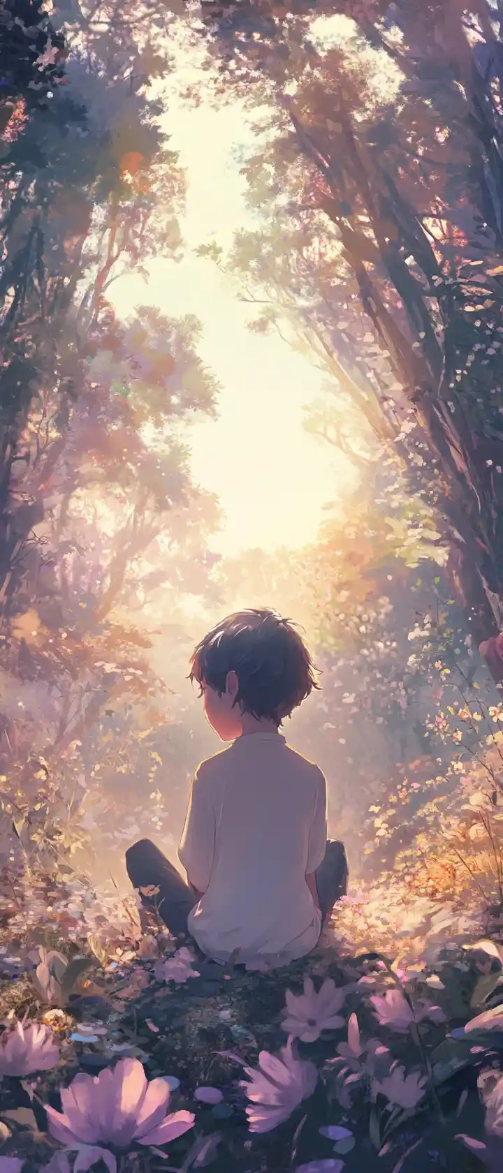 Anime boy in a peaceful forest clearing at dawn