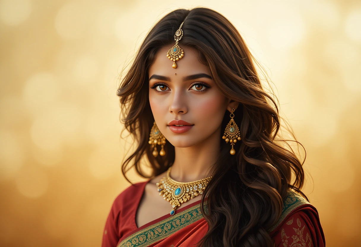 Serene Indian woman in sari with golden soft focus background