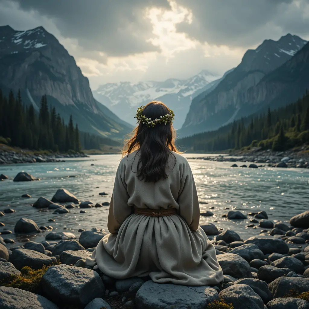Solitary figure by a glacial river in misty alpine mountains