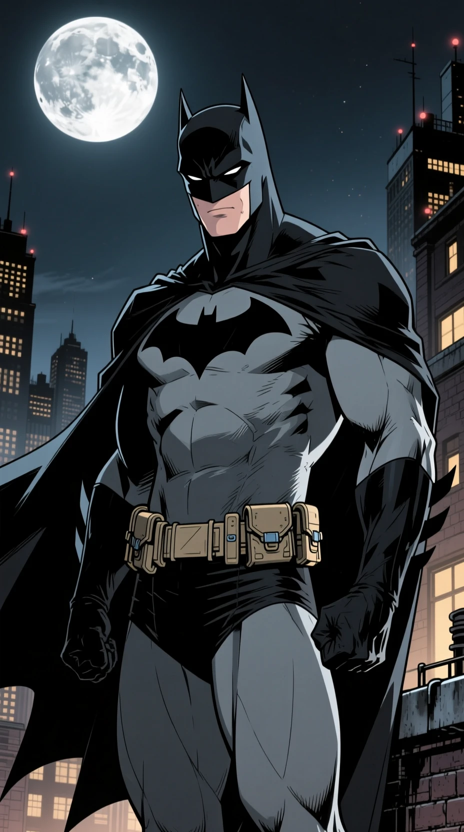 Super-herói de anime em um telhado de Gotham sob a lua