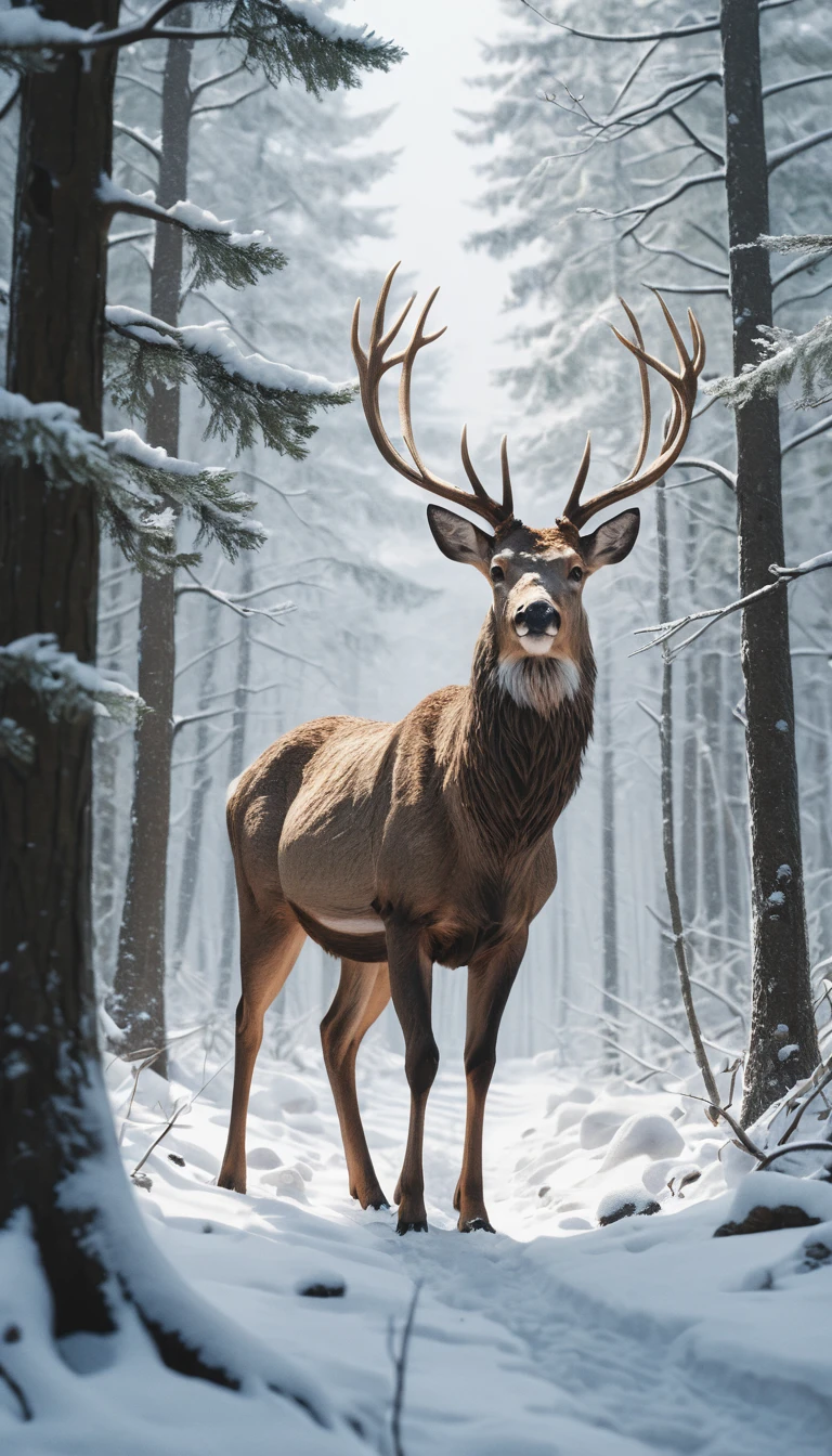 Majestic deer walking through a snowy forest in impasto style