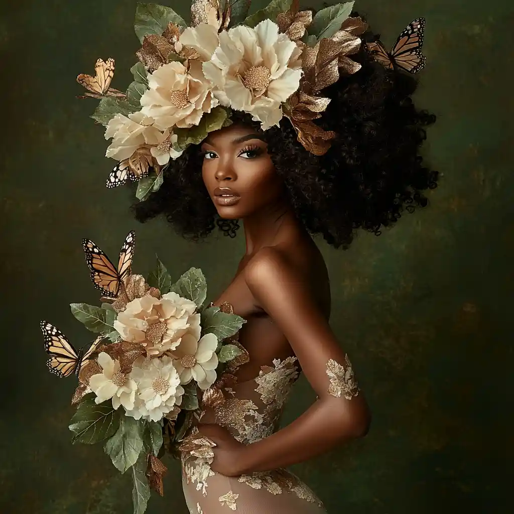 Retrato elegante de uma mulher negra com cachos e flores