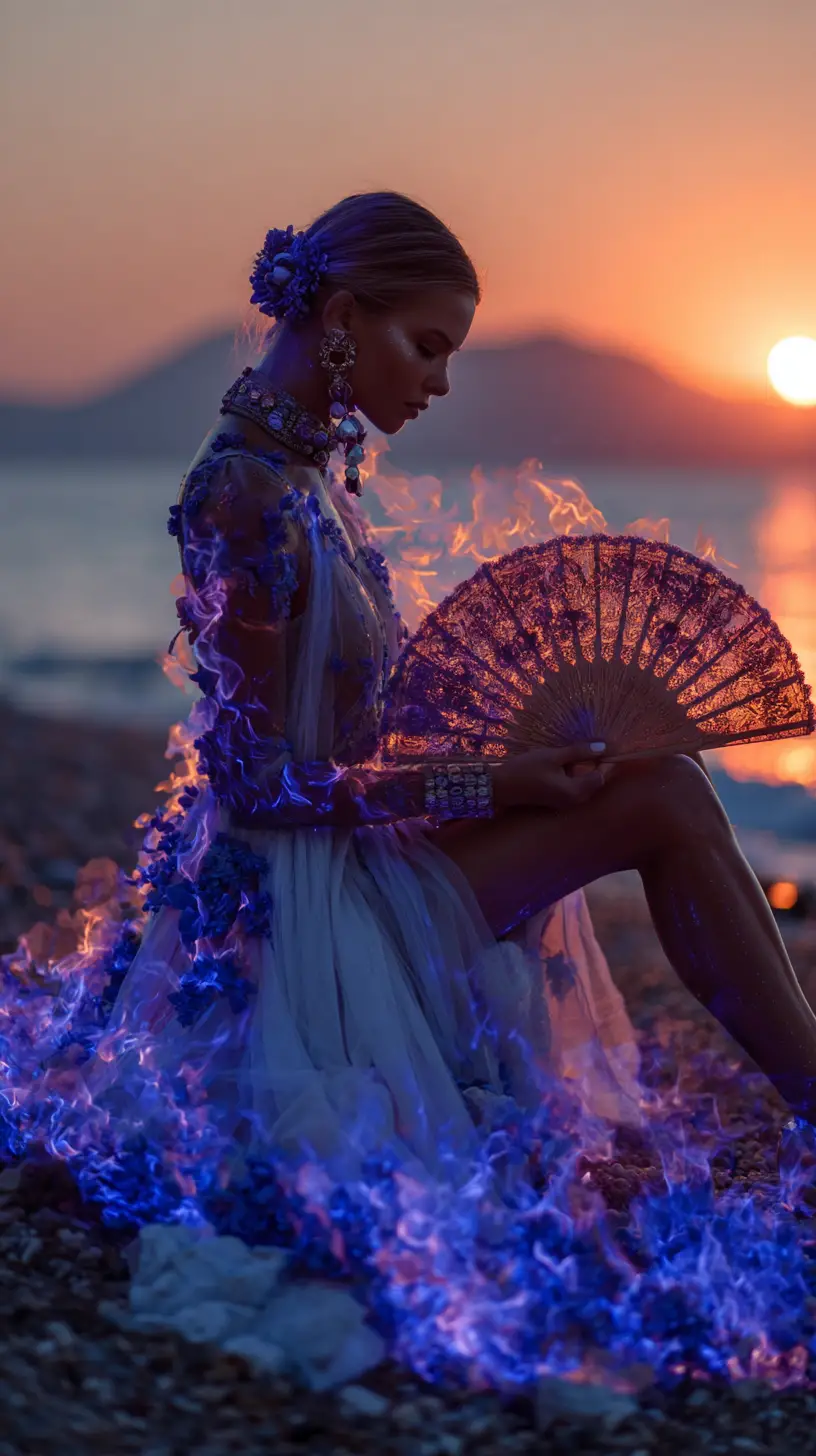 Woman in white dress at sunset on an abandoned beach