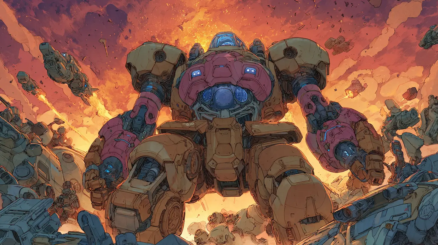 Armored anime mecha crushing alien forces in battle