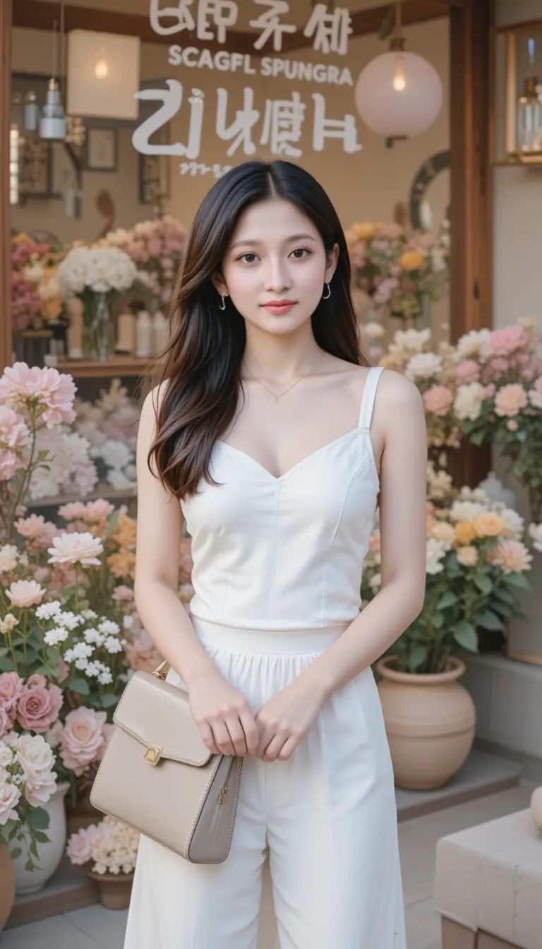 Young asian woman in white outside a flower shop