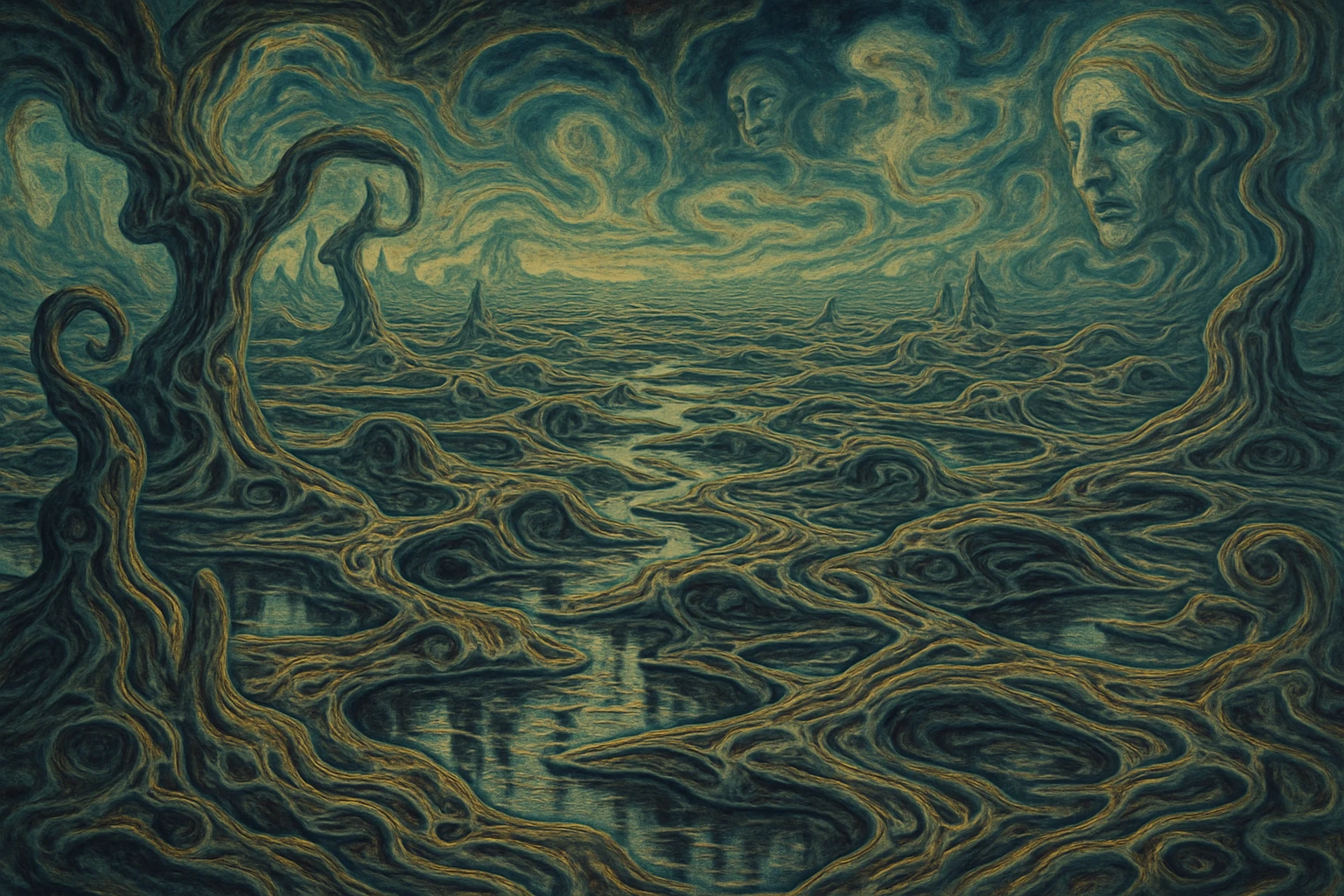Surreal dreamscape of distorted fractal landscape and space