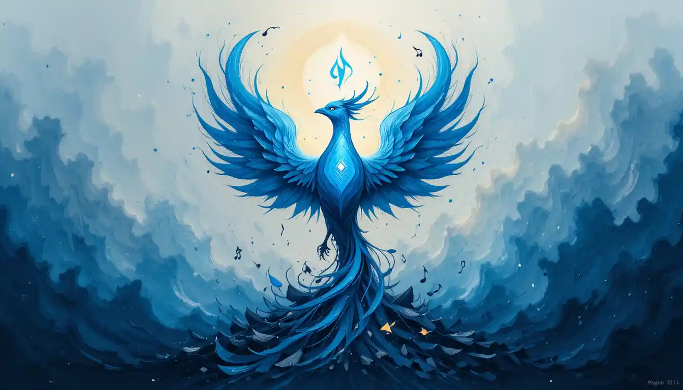 Blue phoenix logo rising with flames and musical notes