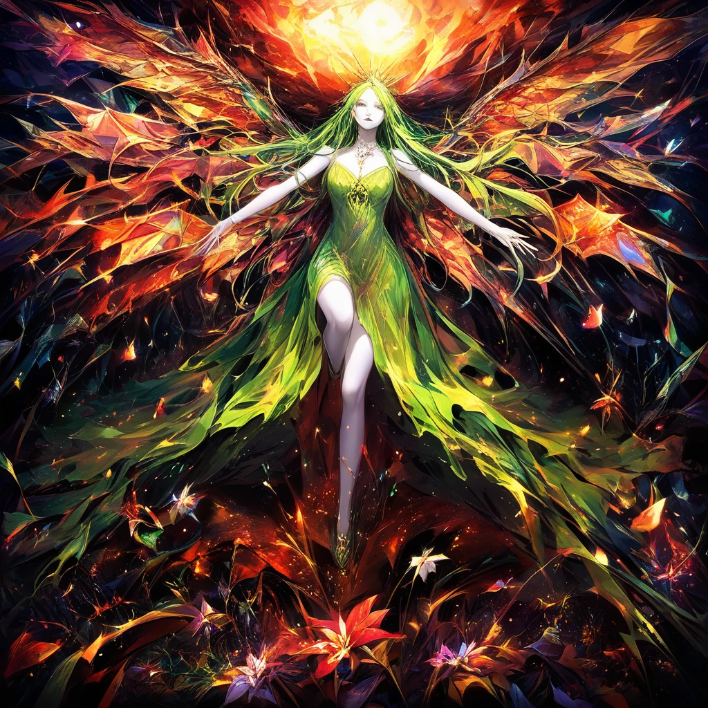Green haired fairy in a surreal apocalyptic twilight sky