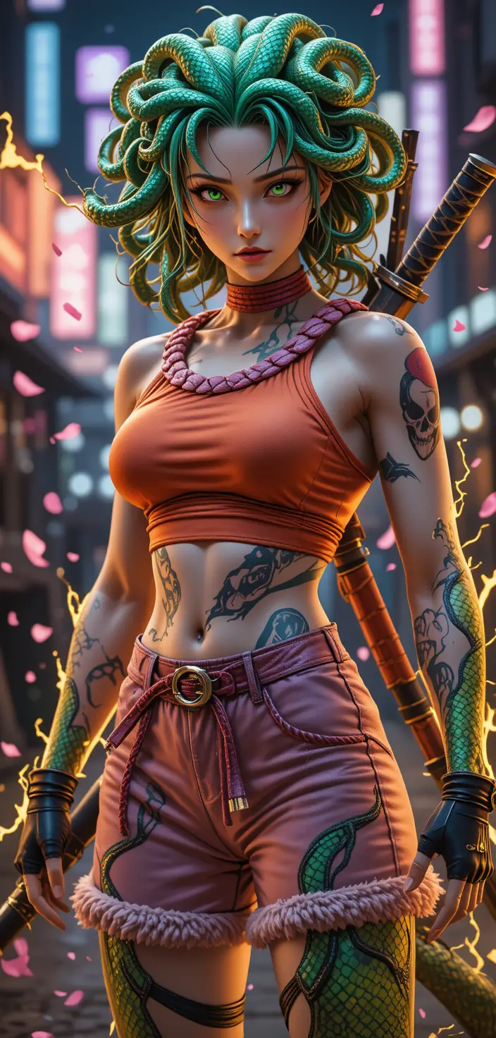 Snake haired warrior woman under neon city night sky