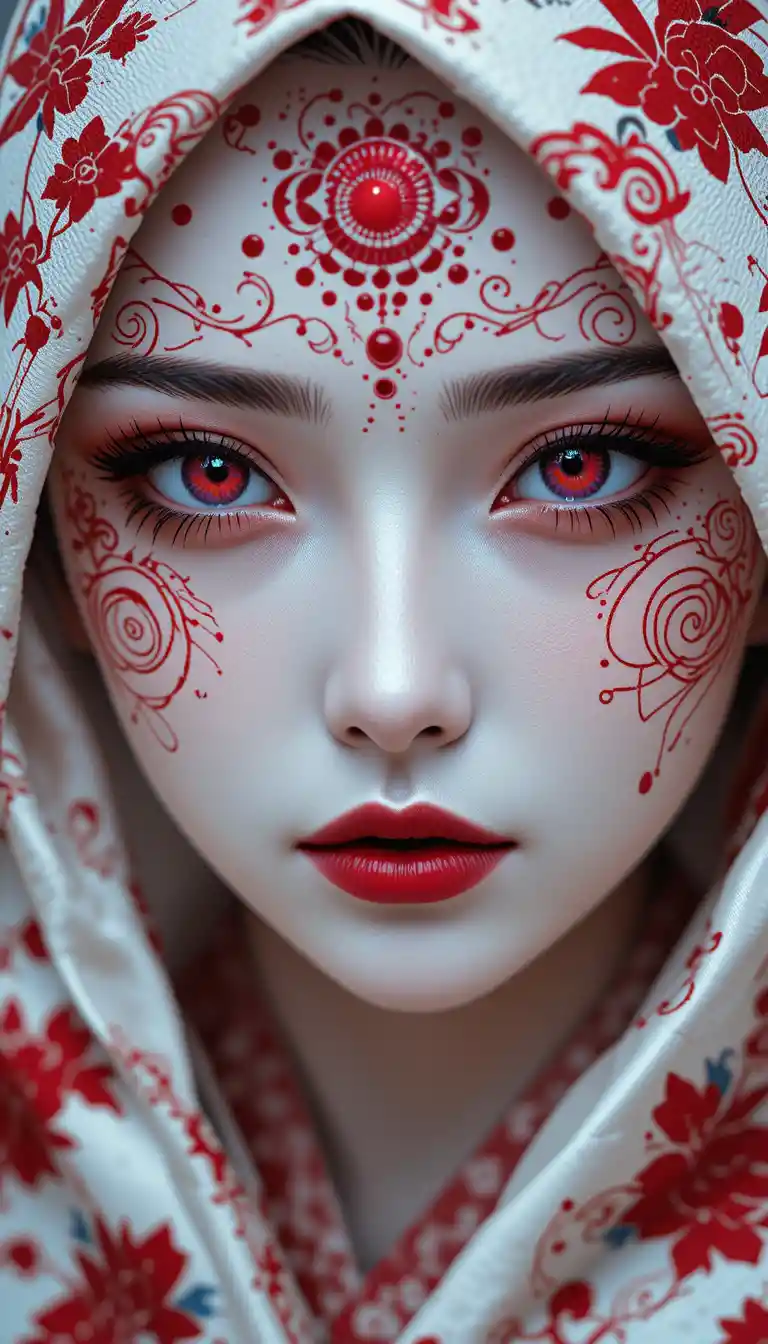 Mysterious woman in ritual red face paint under white silk hood