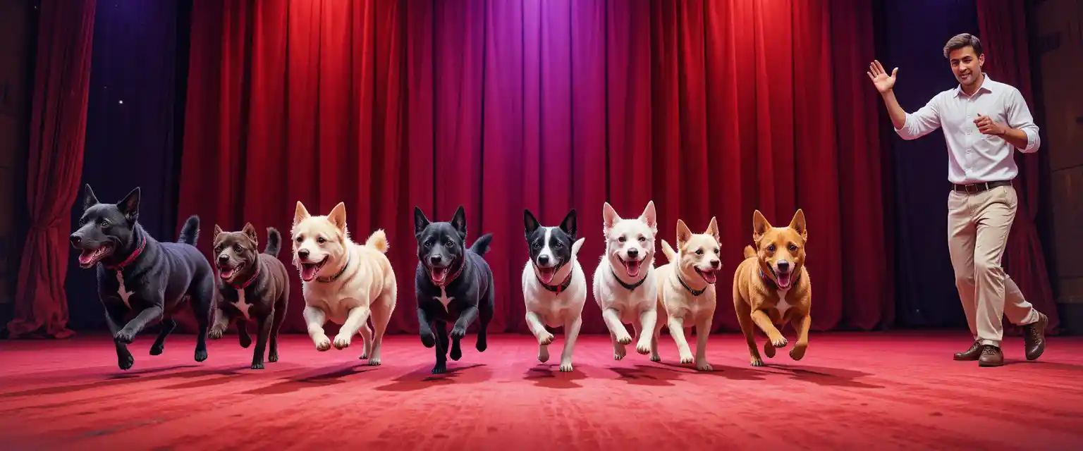 Dog agility show on a red stage with guiding trainer