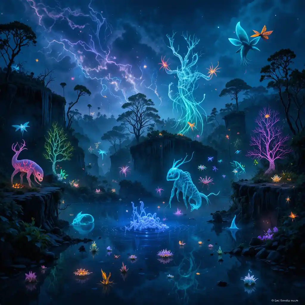 Bioluminescent Creatures Sharing A Split Fantasy Landscape