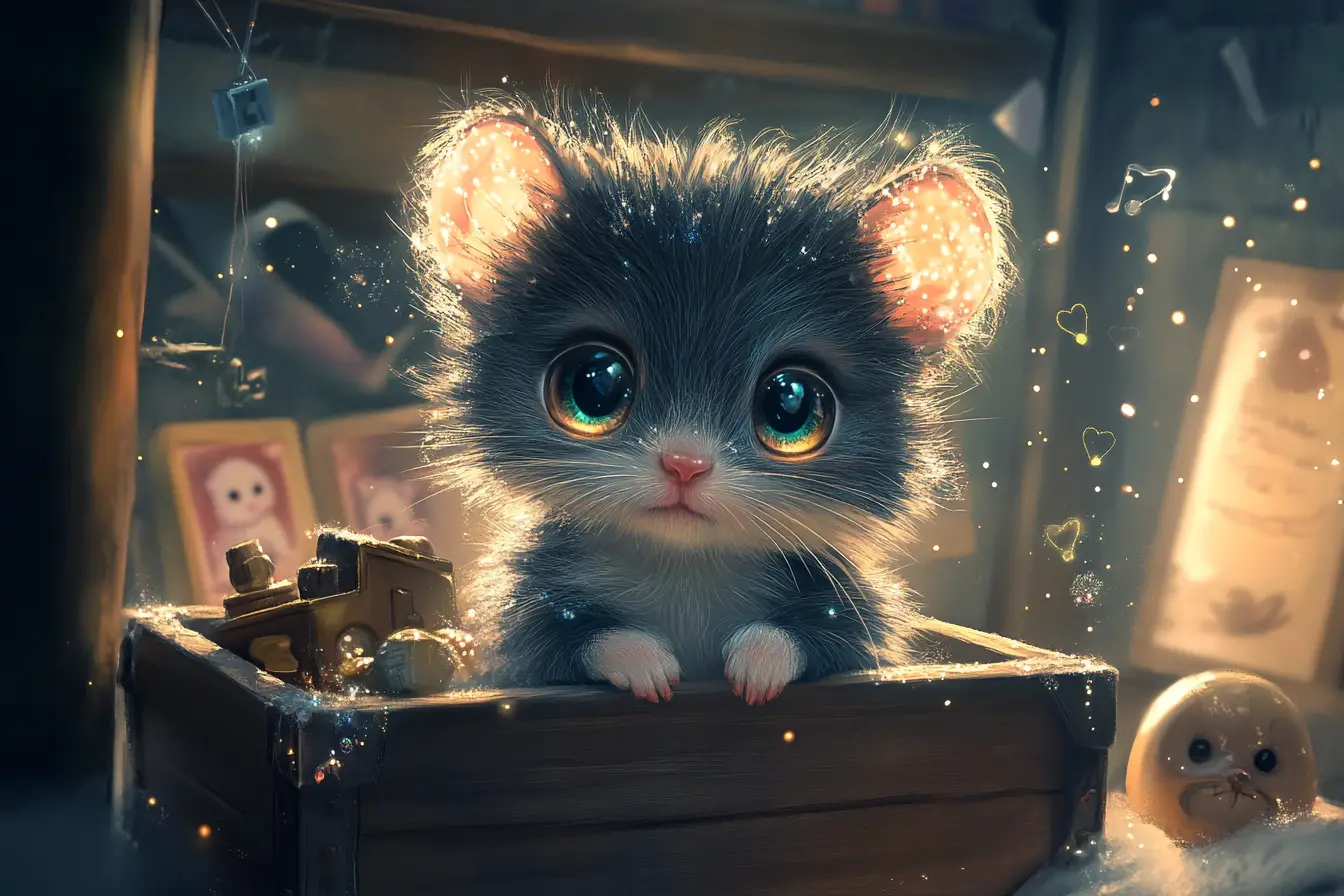 Dolce cucciolo di ratto dei tetti che esplora un forziere del tesoro luminoso