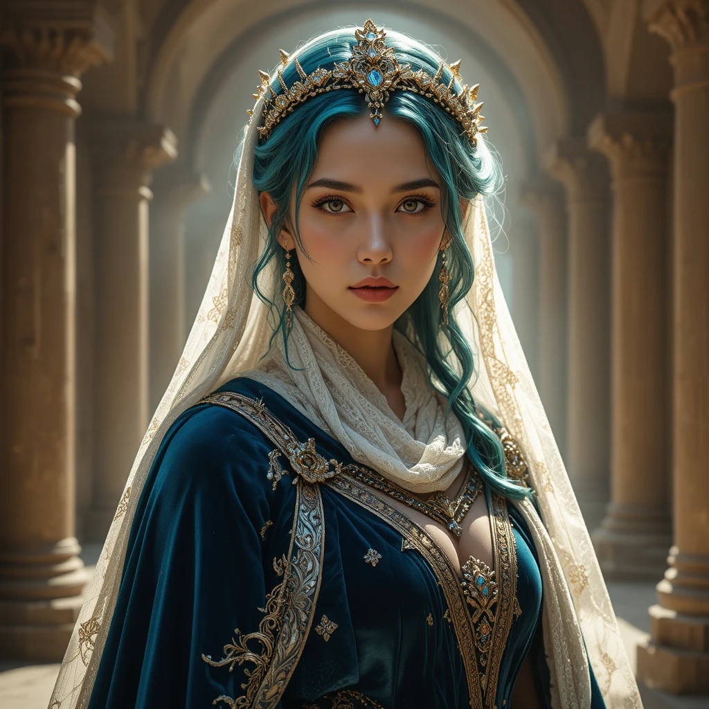 Nobile dama dai capelli verde teal con mantello di velluto blu