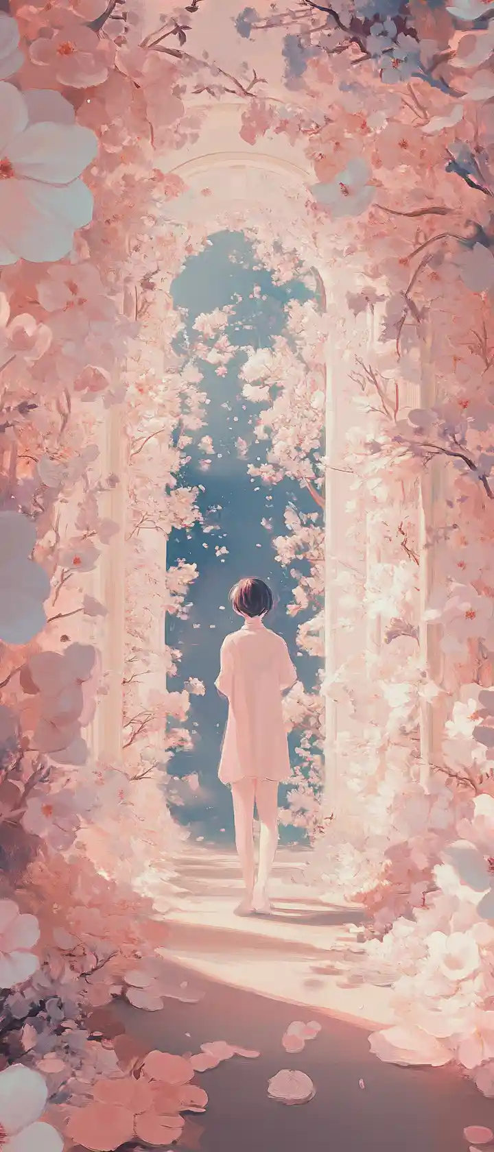 Anime girl in a surreal floral corridor of soft petals
