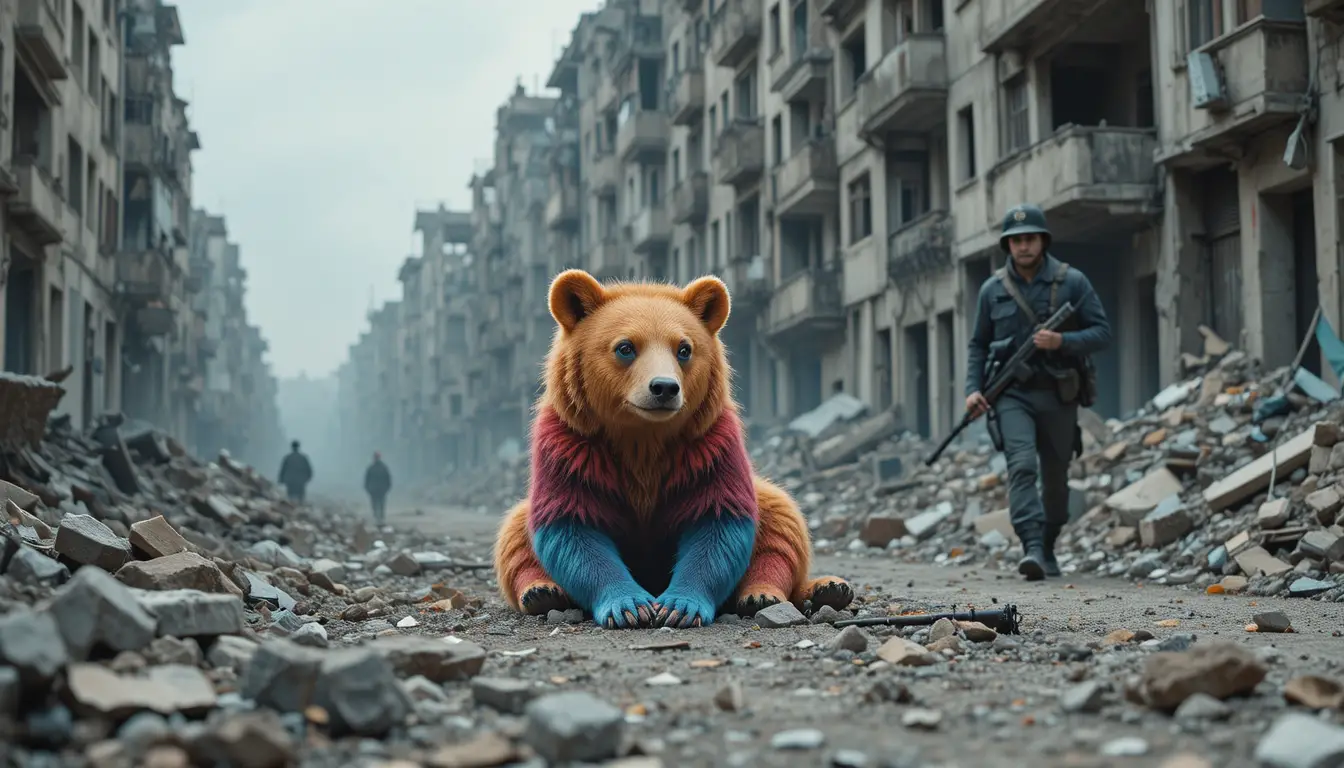Bright teddy bear in ruins of urban war zone