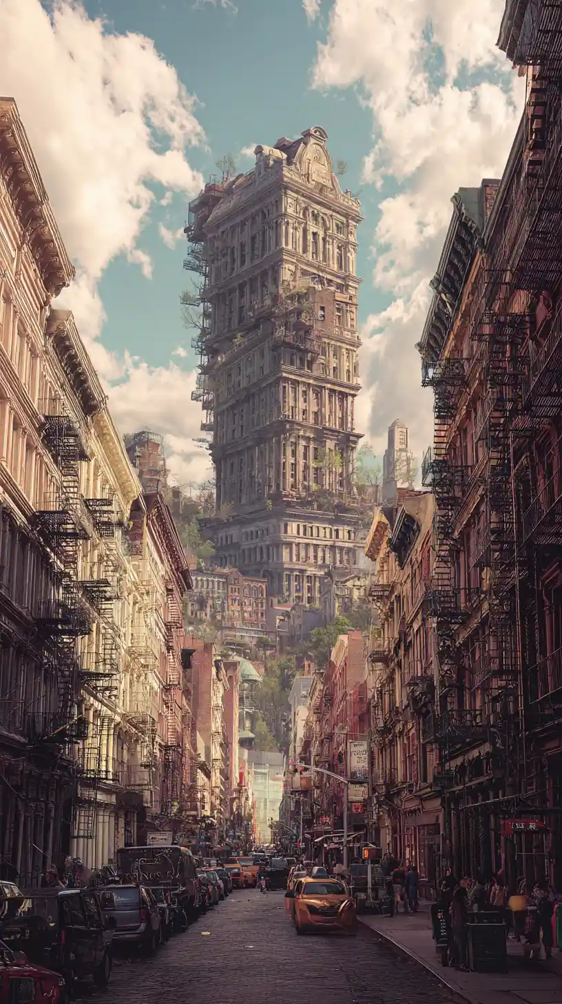 Paesaggio urbano surreale e inquietante di New York in sognanti toni retrò