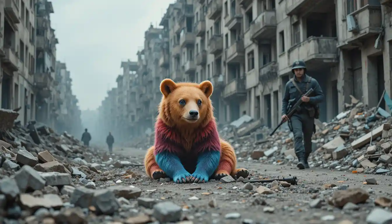 Urso de pelúcia colorido em ruínas de zona de guerra urbana