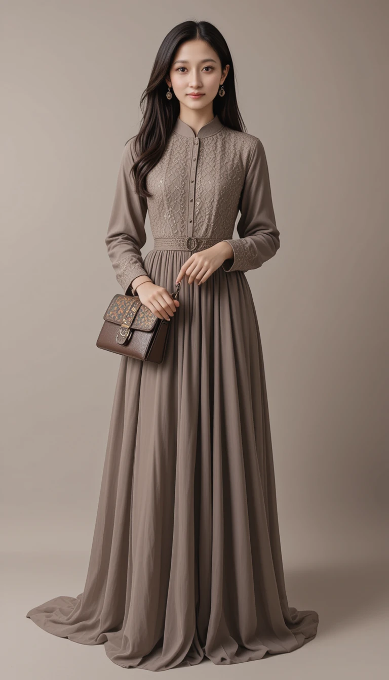 Woman in a long modest gown holding a purse