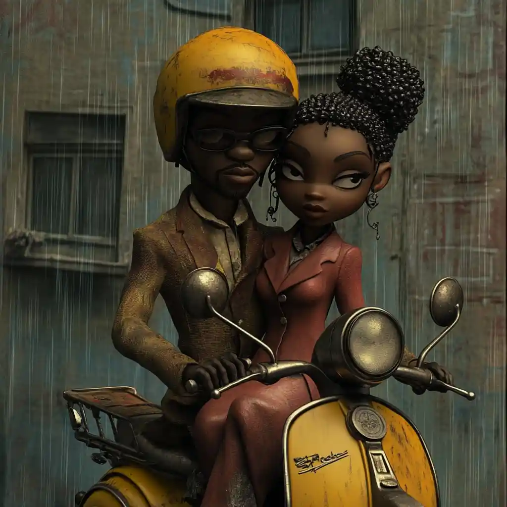 African American couple on moped in rainy urban 3D art