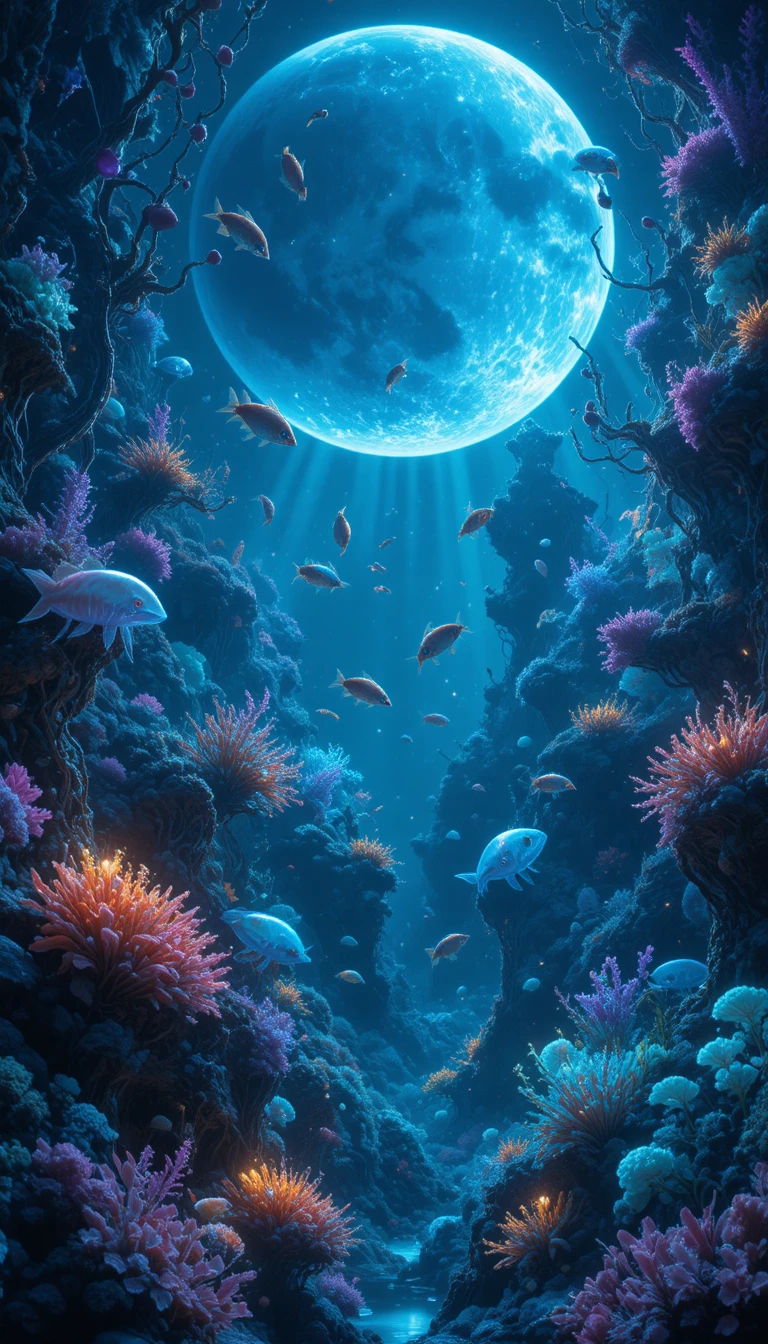 Alien ocean filled with glowing surreal sea creatures
