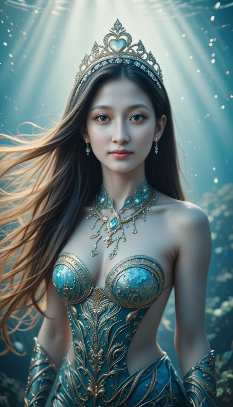 Elegante regina sirena in armatura tempestata di gioielli sotto il mare
