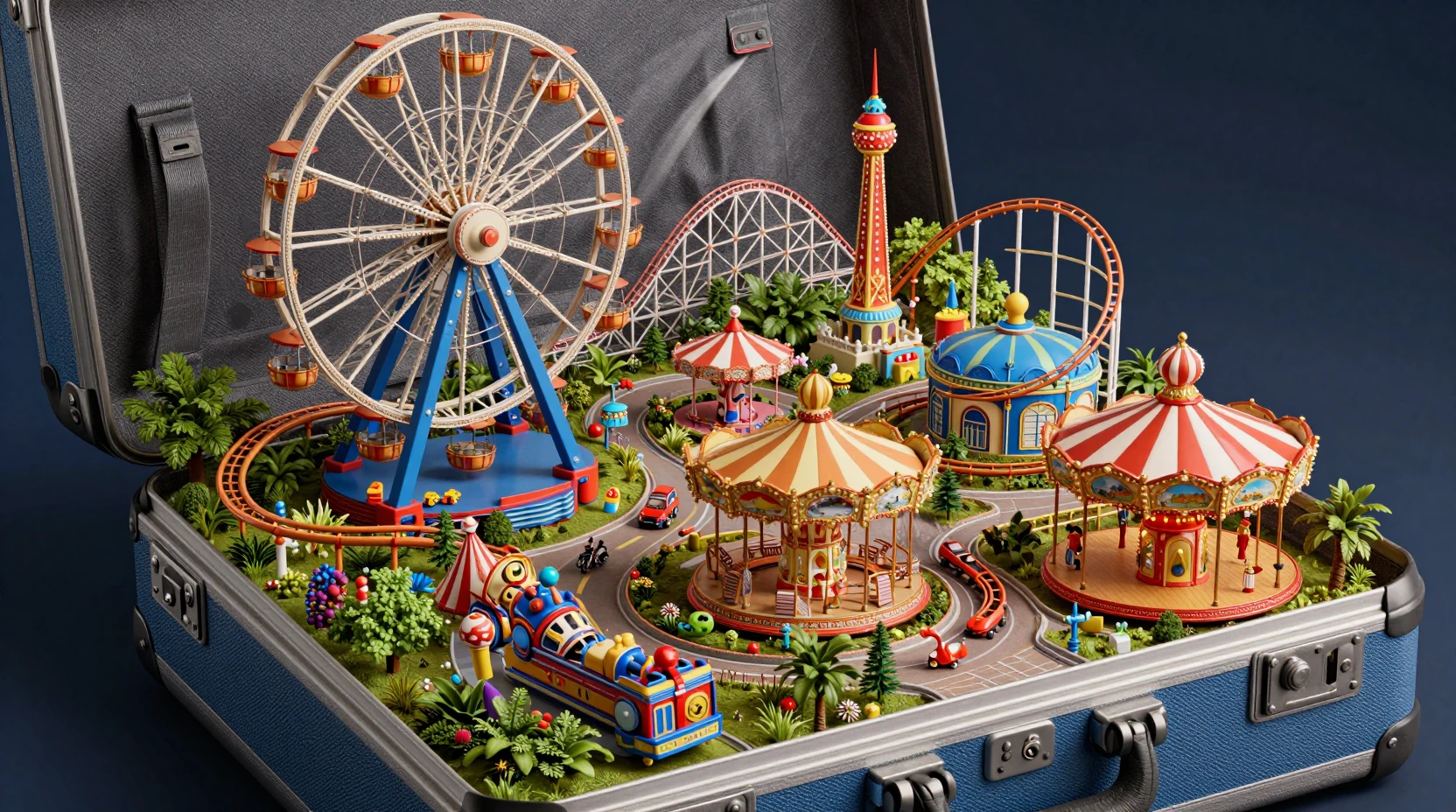 Open suitcase revealing a miniature fantasy amusement park world