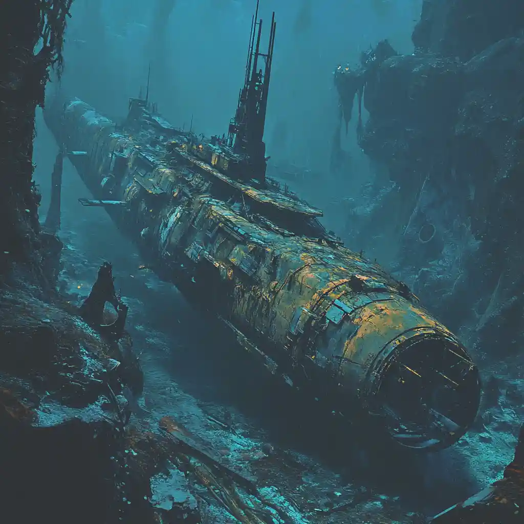 Submersível solitário em um fundo do mar esquelético e assustador