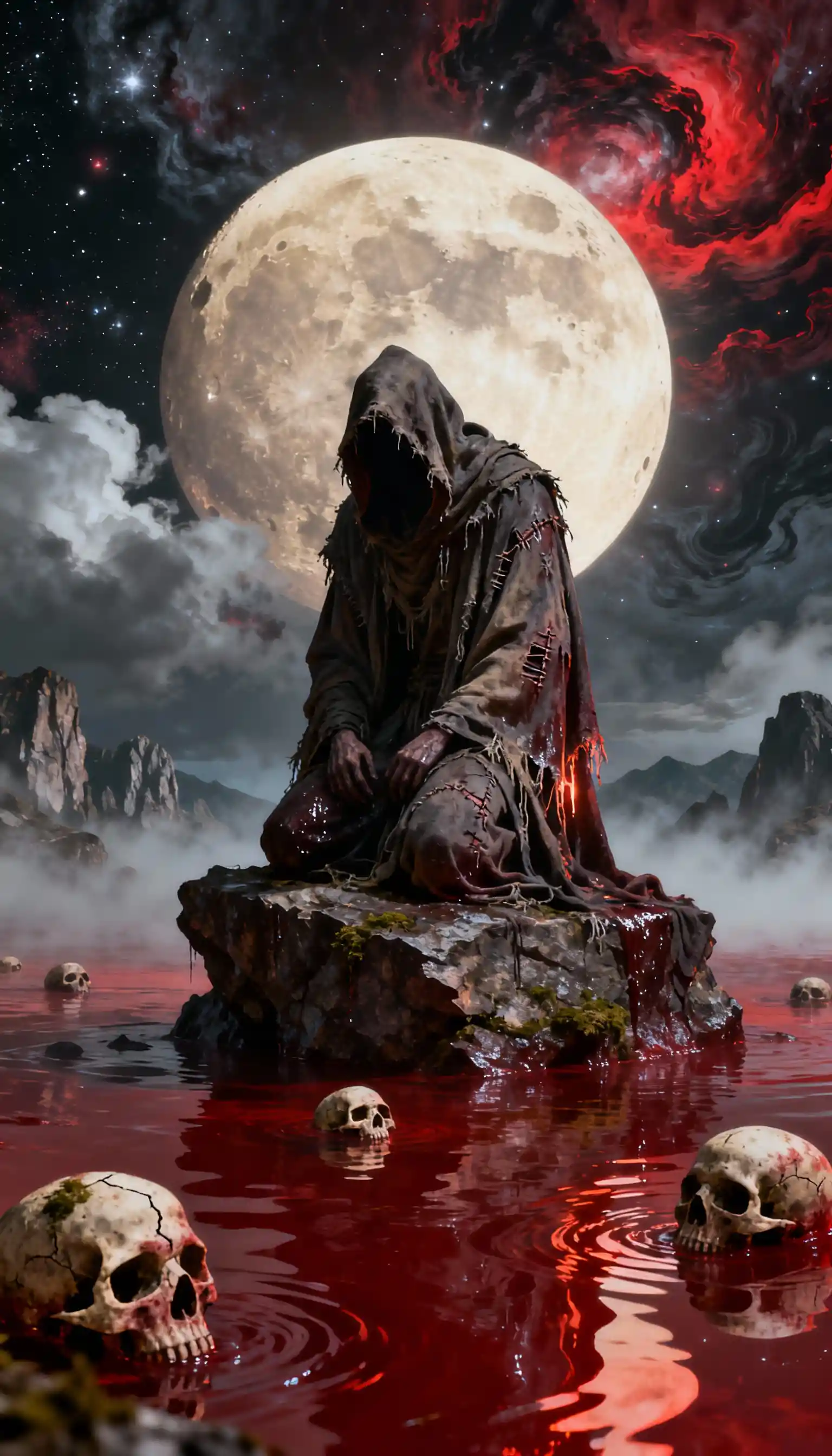 Hooded figure kneeling on rock in blood red water