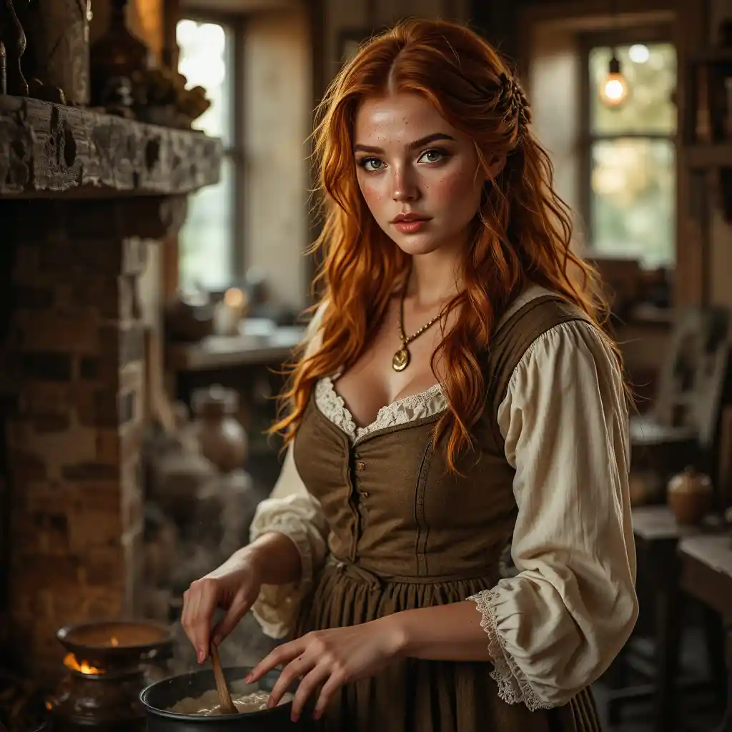 Red haired woman cooking beside a warm cottage hearth