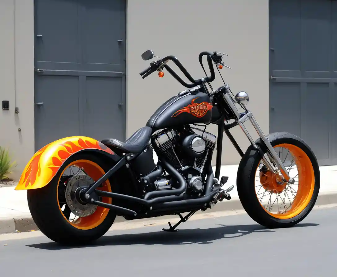 Moto chopper negra mate con tanque en llamas en la calle