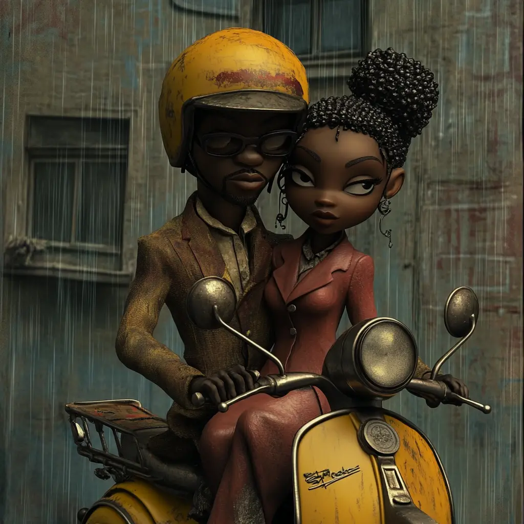 African American couple on moped in rainy urban 3D art