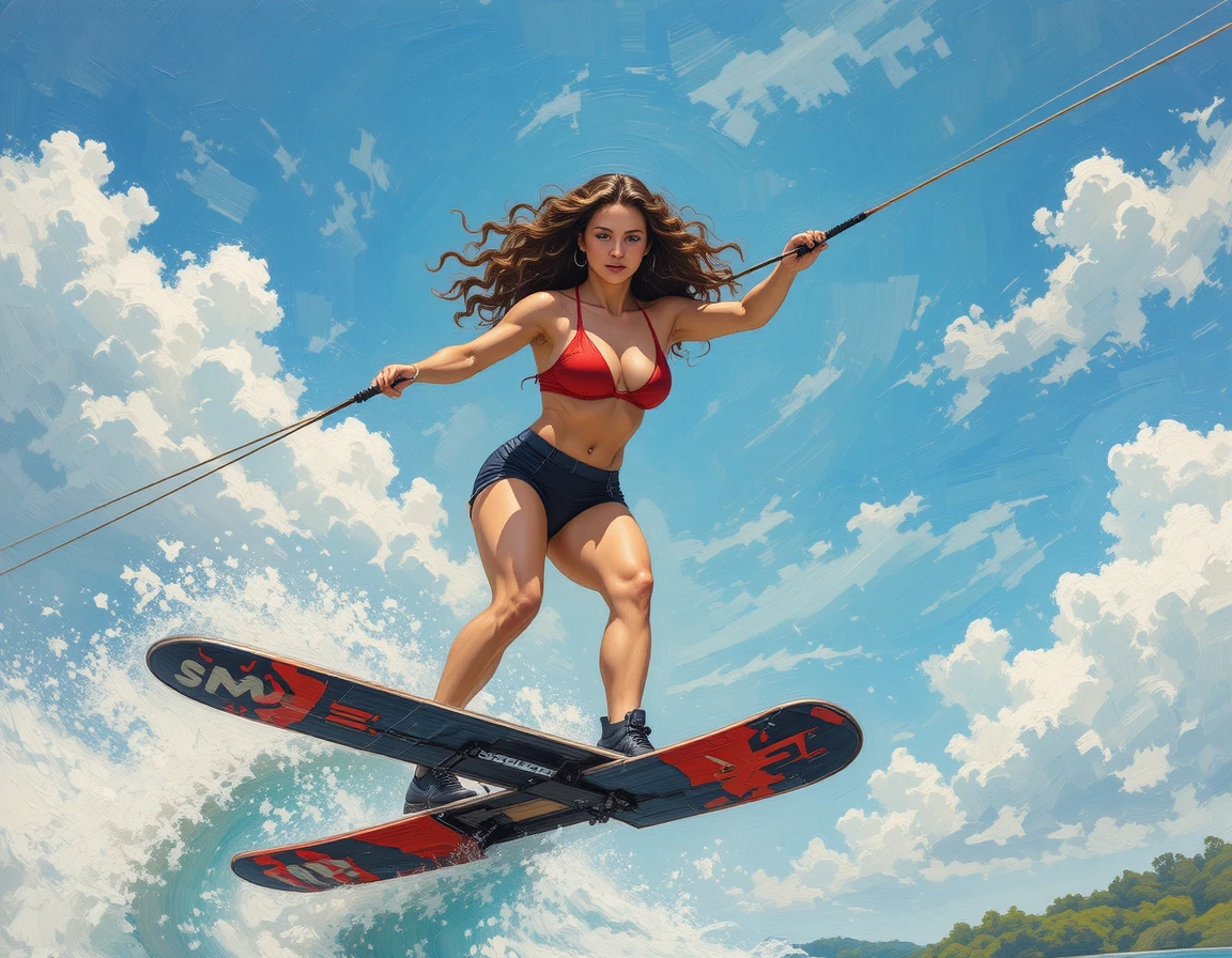 Athletic woman jumping on water skis under cloudy sky