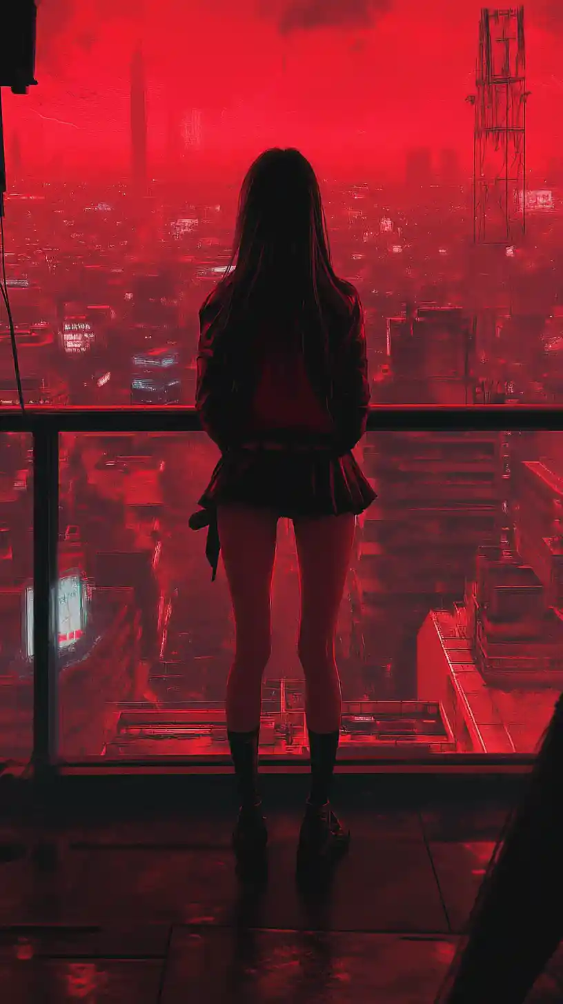 Young girl on a balcony in a red urban cityscape