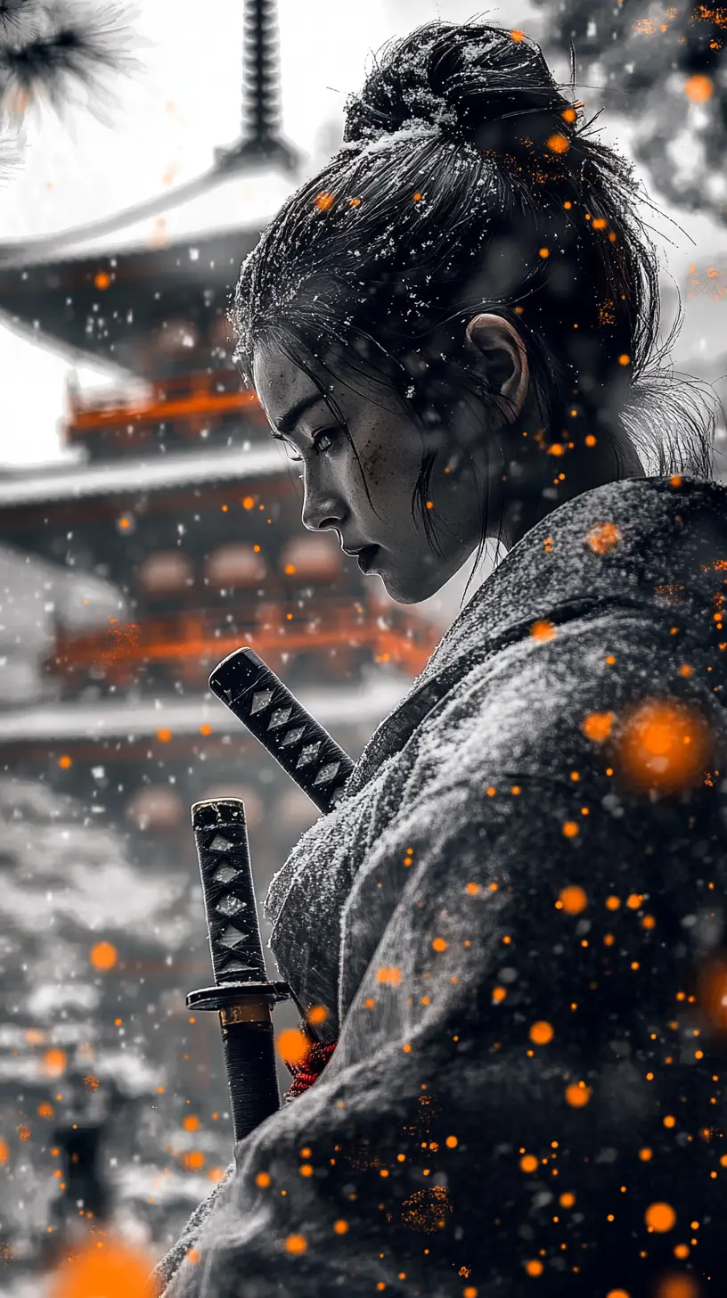 Samurái femenina estoica guardando el patio nevado de un templo