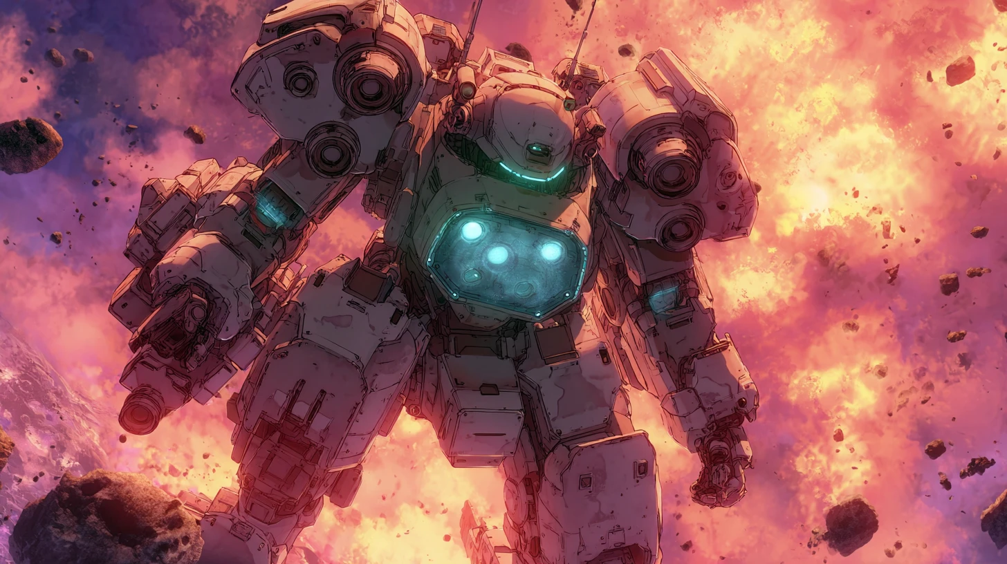 Armored anime mech crushing alien forces in battle