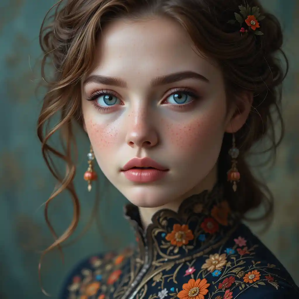 Young woman portrait with blue eyes and floral details