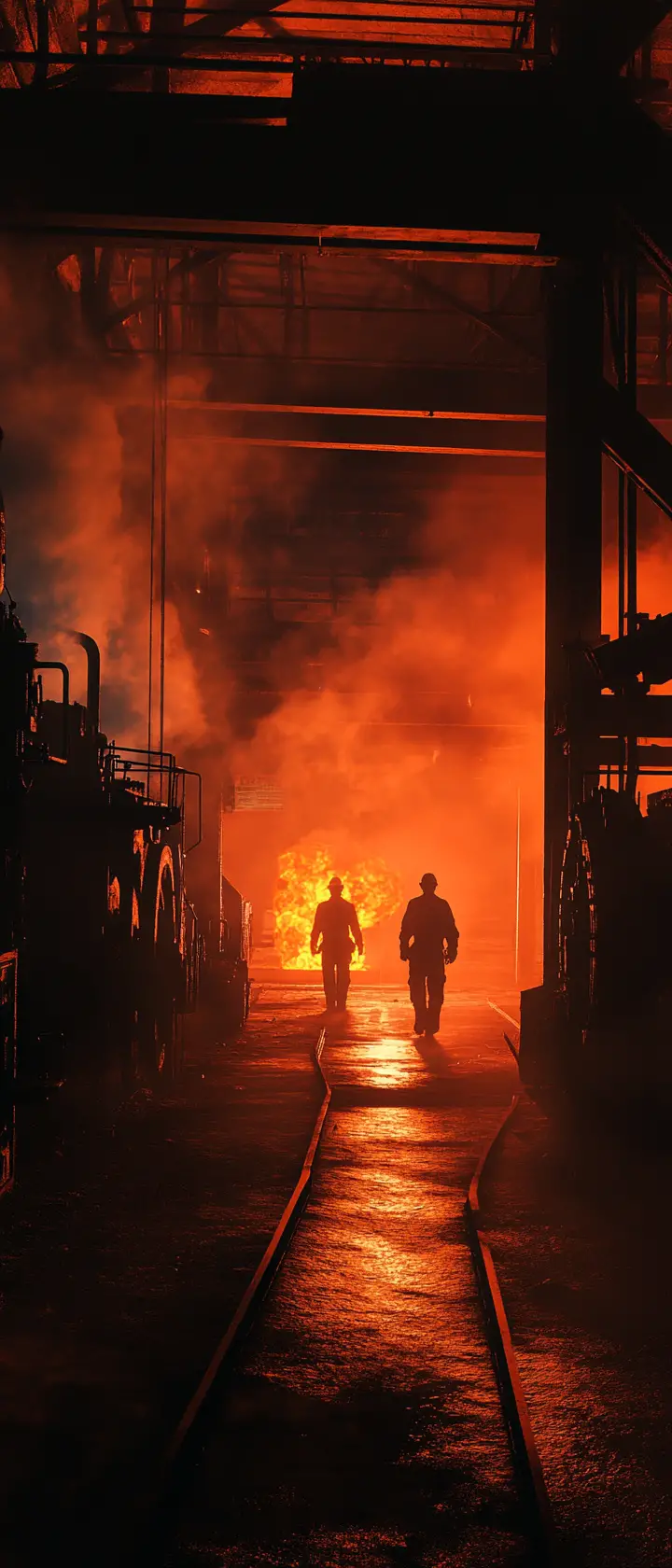Dark Industrial Ironworks Interior With Fiery Furnaces