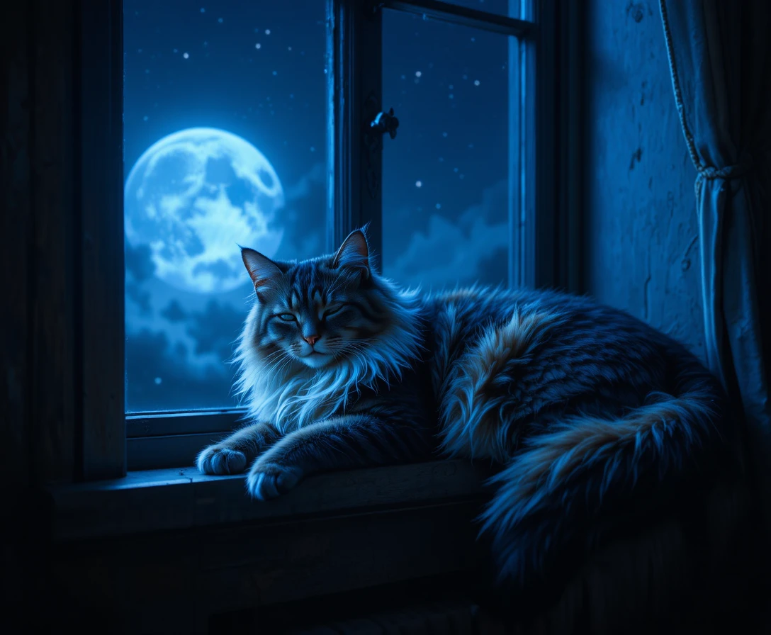 Gato Maine Coon durmiendo plácidamente a la luz de la luna en la ventana