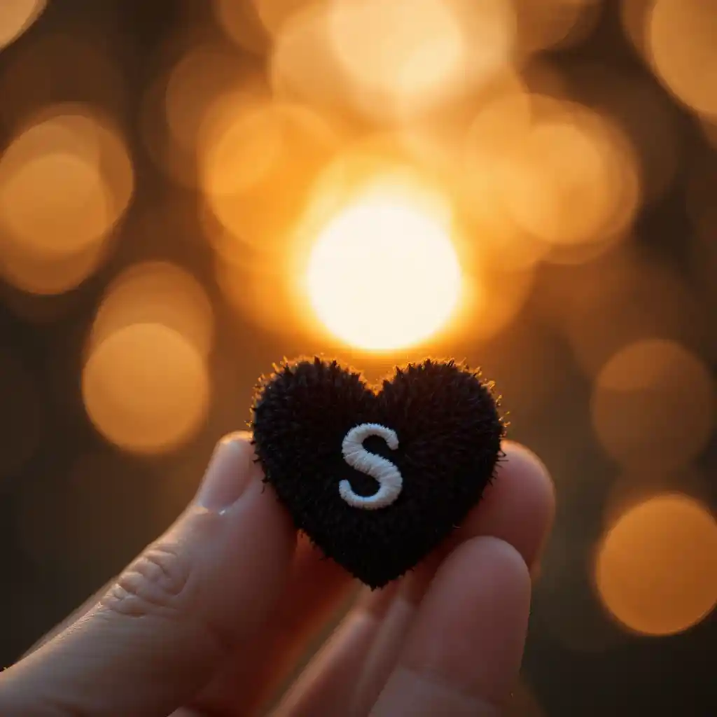 Mano che regge un ciondolo a cuore nero nel bokeh caldo del tramonto
