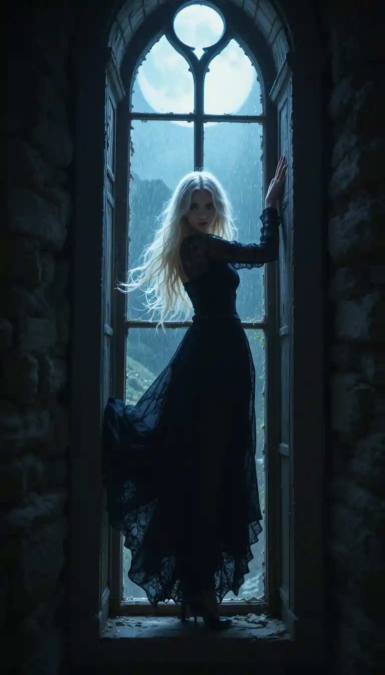 Gothic princess climbing through a moonlit castle window