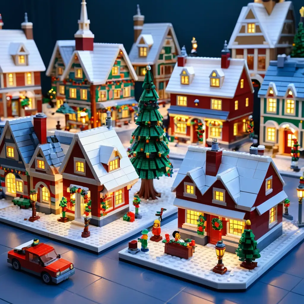 Cozy Lego Christmas village with snowy houses and tree